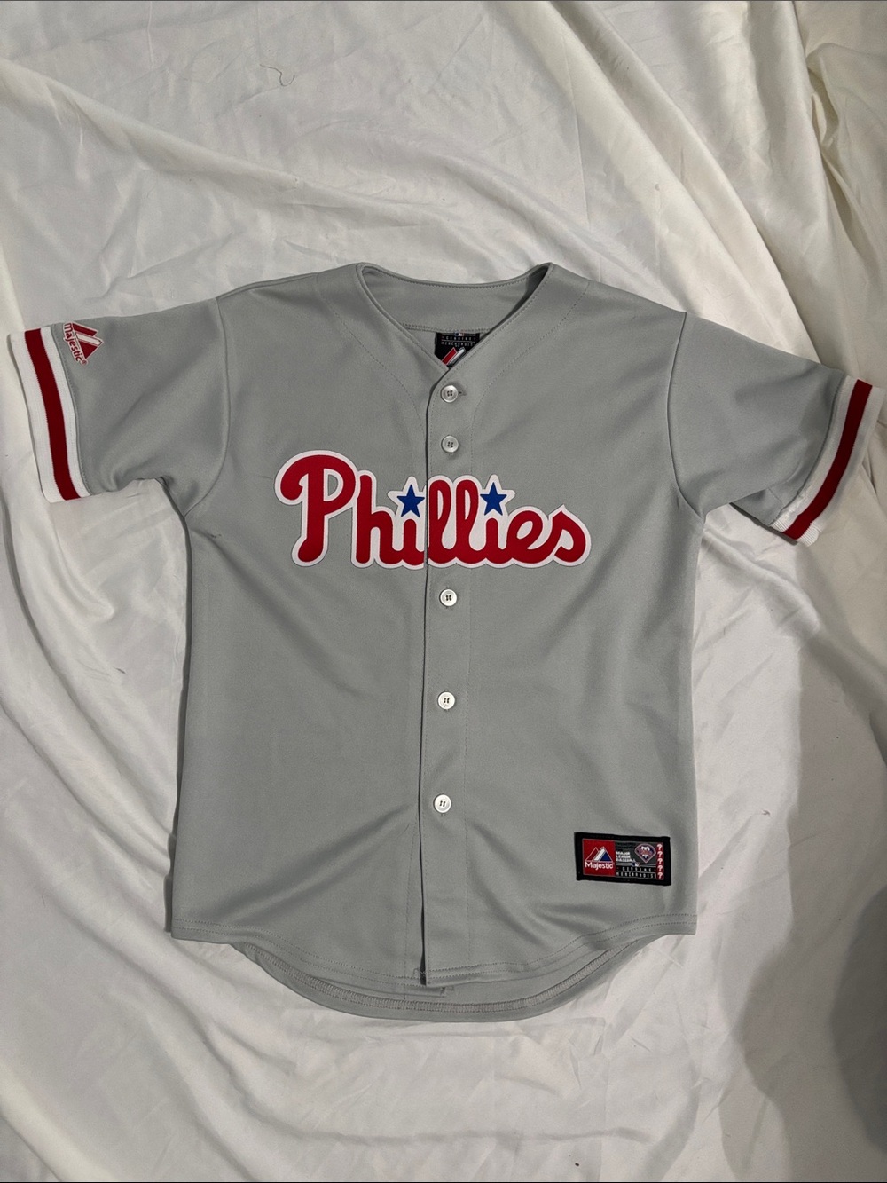 Majestic Utley Gray Phillies Kids Button-Up Jersey with Red & Blue Accents